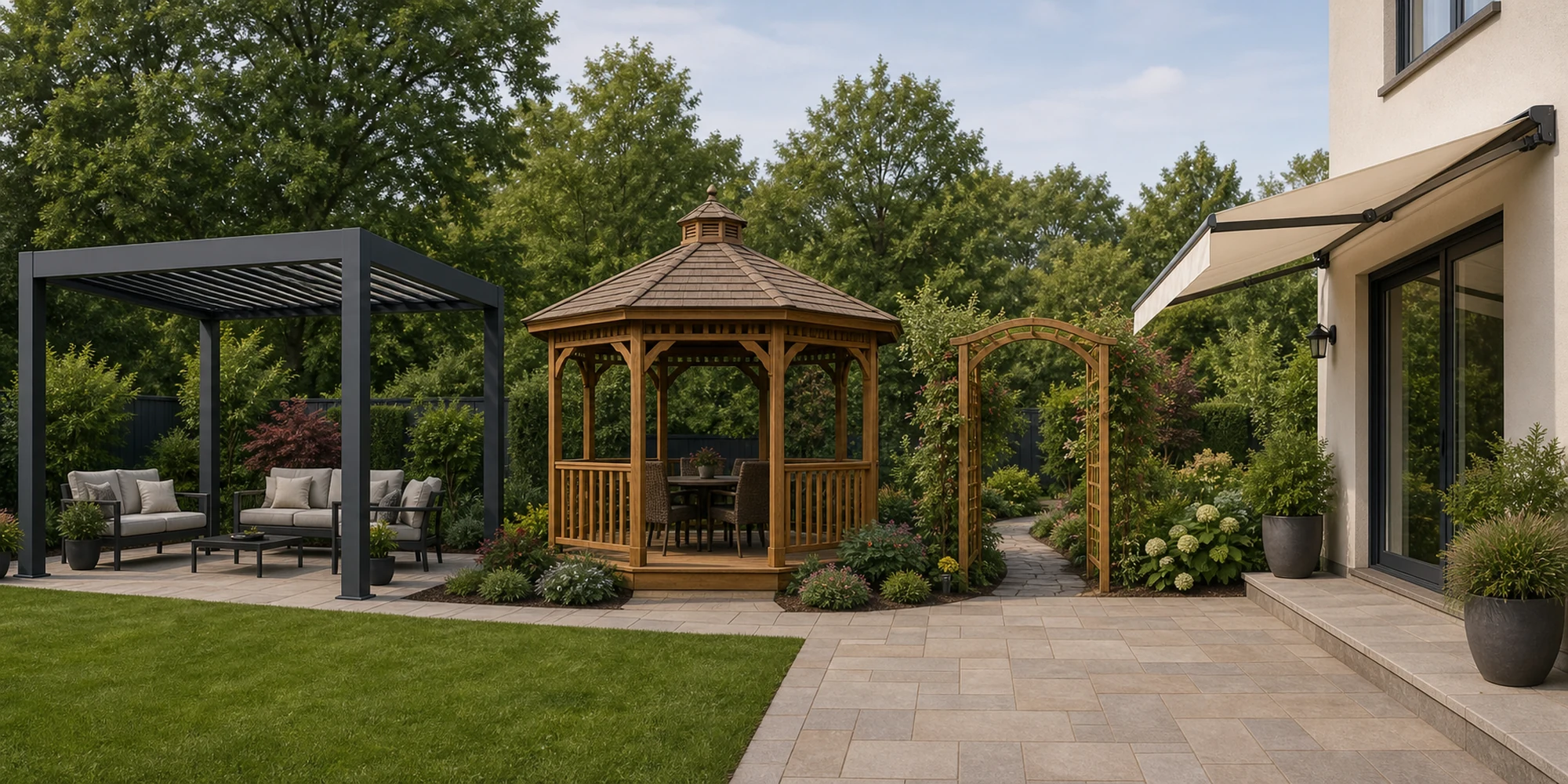 Four outdoor structures shown side by side, pergola, gazebo, arbor and awning, for comparison of roof and shape