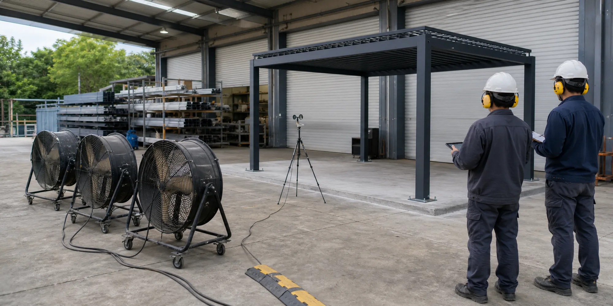 High-power fan rig testing wind load resistance on an assembled louvered pergola at a factory facility