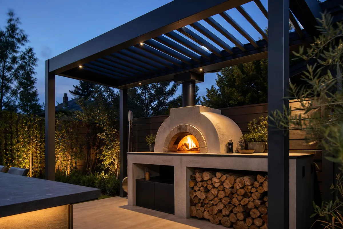 Live fire cooking corner pergola with ventilation planning
