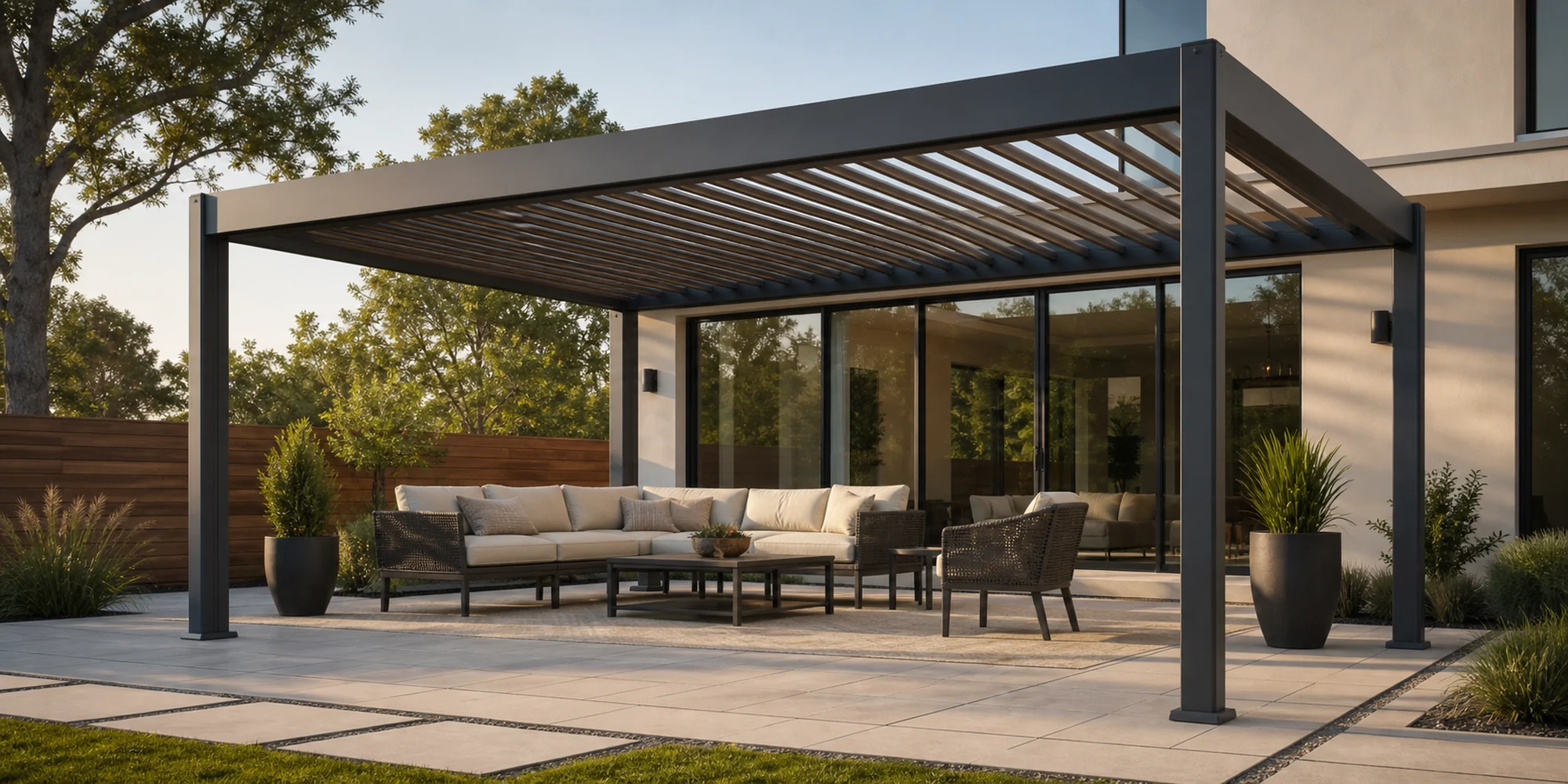 Modern aluminum louvered pergola installed on a residential patio showing posts, beams and adjustable roof slats