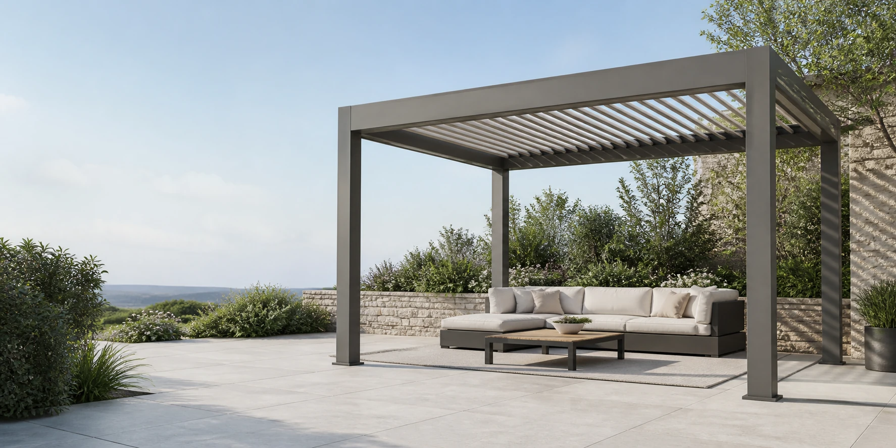 Freestanding louvered pergola kit assembled on a residential patio