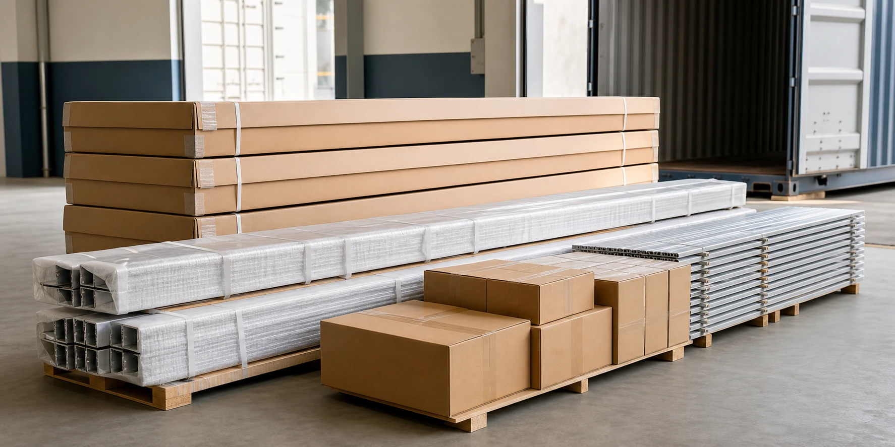 Flat-packed louvered pergola kit with protected profiles and cartons ready for export