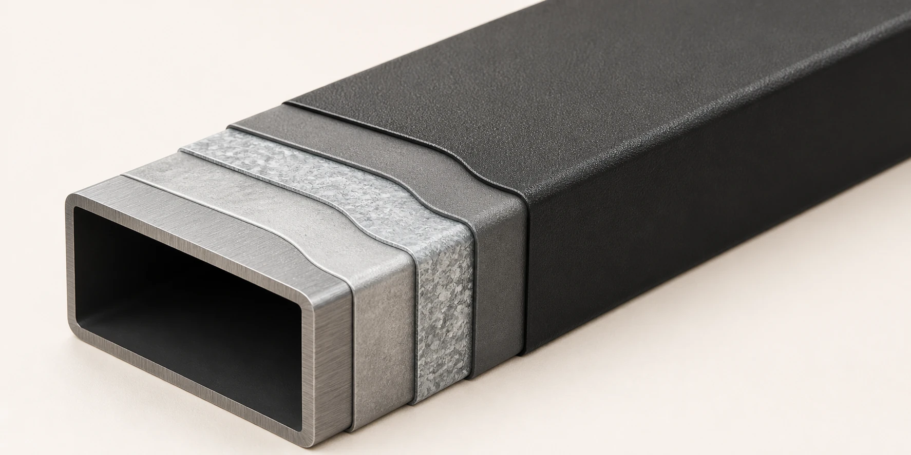 Protective coating layers on a steel pergola profile, ending in a powder-coated exterior