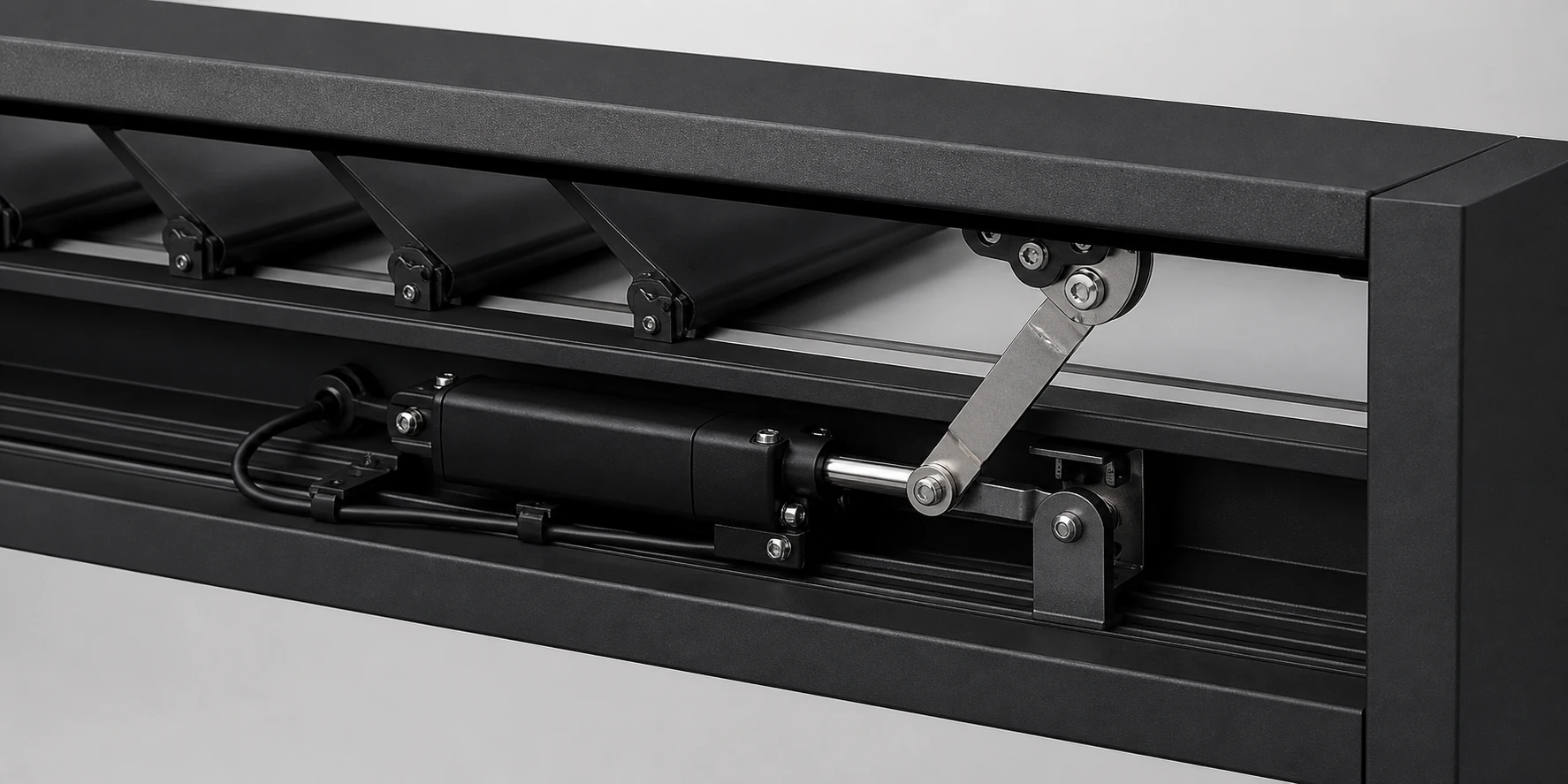 Low-voltage linear actuator and linkage installed inside a louvered pergola beam cavity