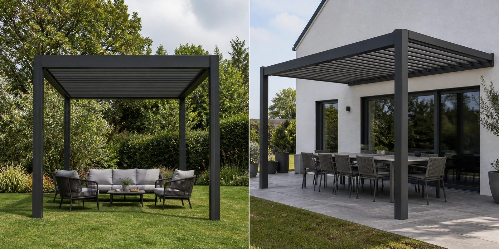 نفس الهيكل المزوّد بالريش يُسمّى Louvre Gazebo في سوق وLouvered Pergola في سوق أخرى