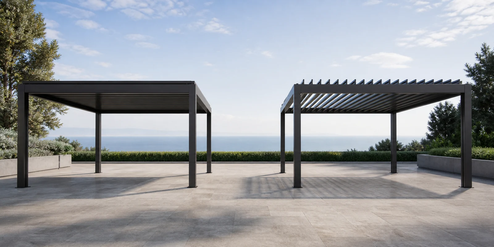 Two adjustable louvered pergola roofs shown fully closed and fully open