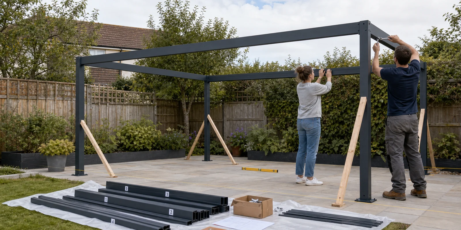 Two people bolting the perimeter beam of a louvered pergola kit onto set posts in a garden