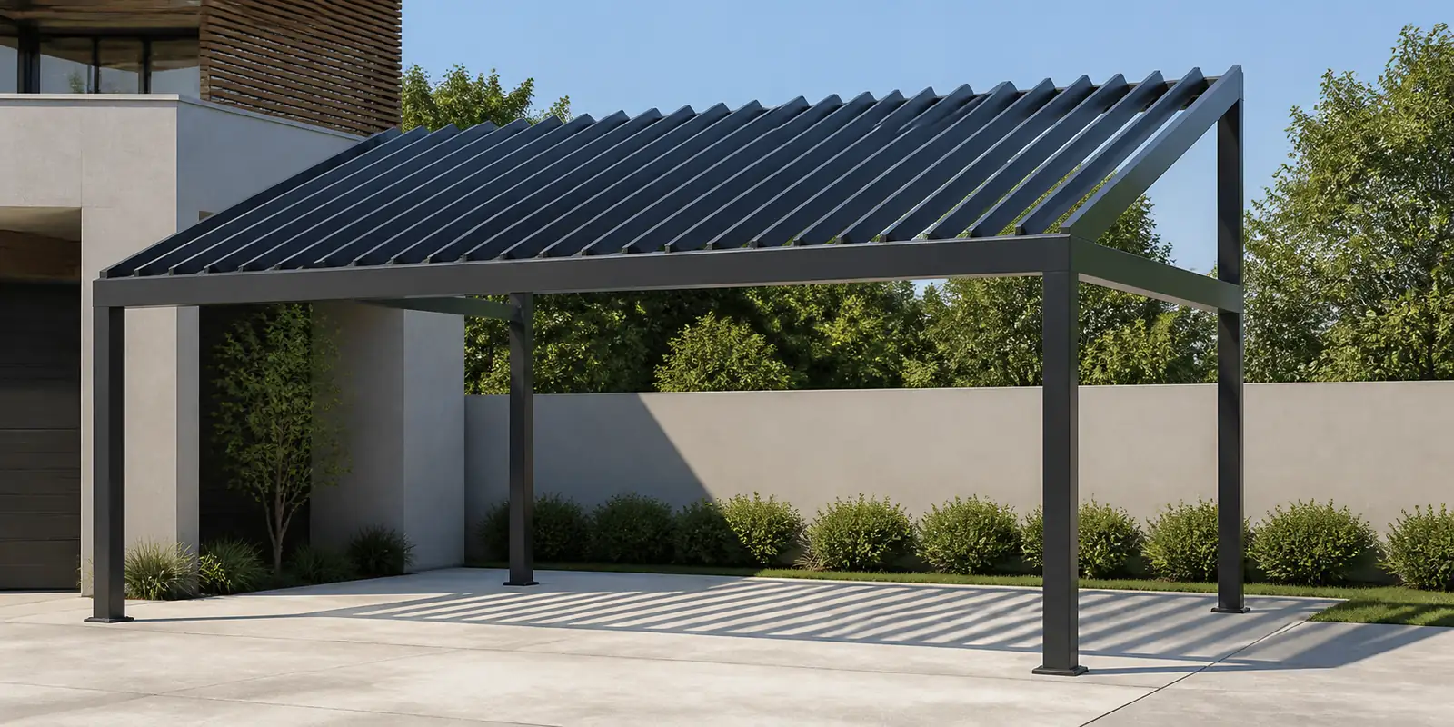 Fixed louvered panels set at a permanent angle over an aluminum carport structure