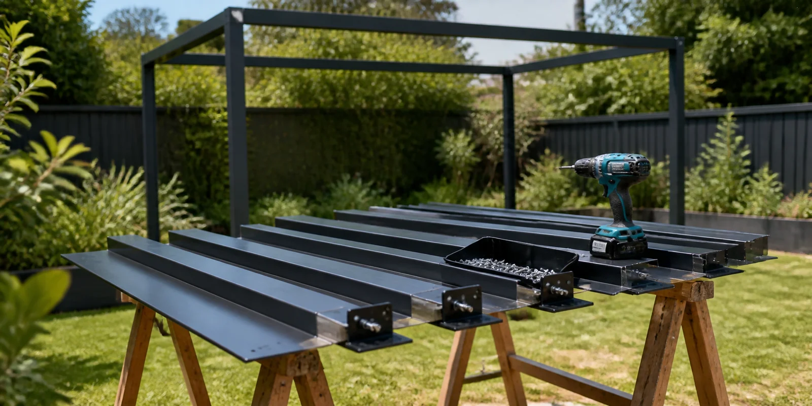 Louver blades laid across sawhorses with pivot hardware being fitted to both ends before installation