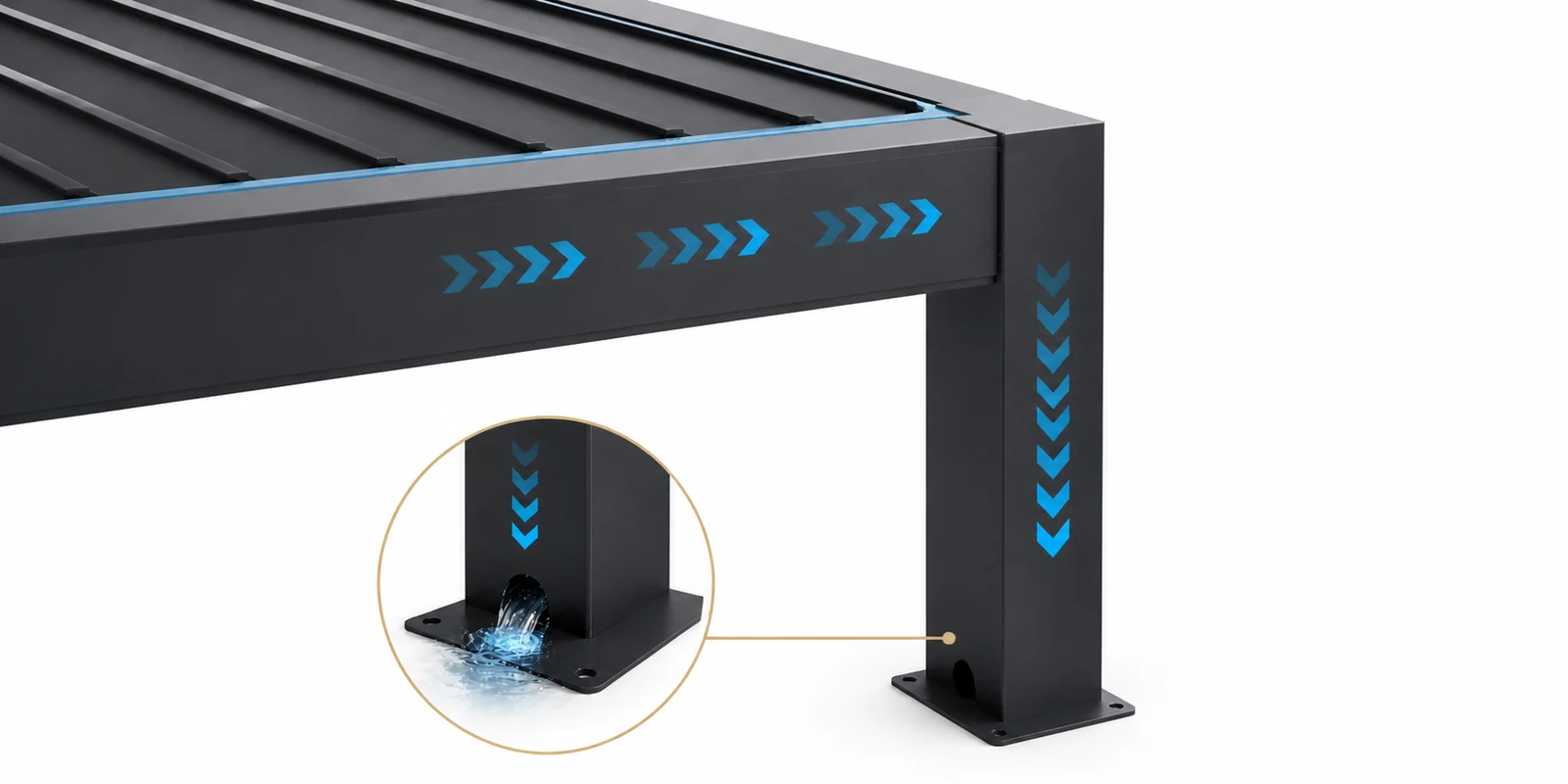 Louvered pergola rainwater path through the gutter beam and concealed column downpipe