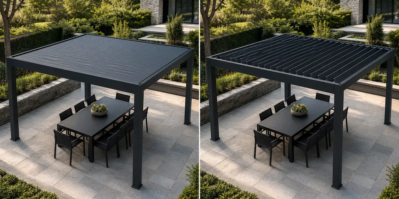 Louvered pergola roof shown fully closed and fully open on the same outdoor structure