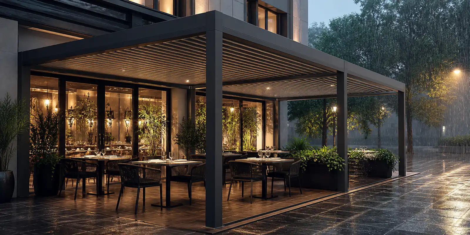 Closed louvered pergola protecting a restaurant terrace during heavy rain