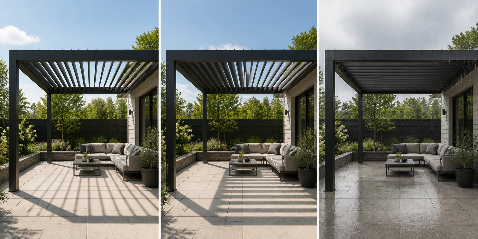 One louvered pergola roof shown in three blade positions: fully open, angled for shade, and closed against rain