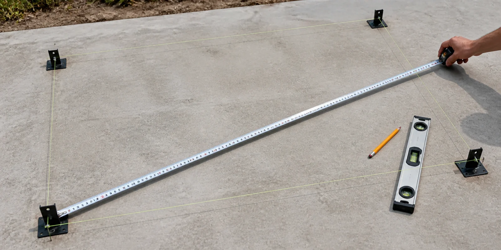 String lines and a tape measure used to check the diagonals of a pergola footprint before posts are set