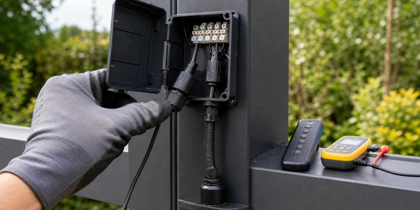 Pre-wired pergola control box with plug connectors being joined, mains conduit still capped