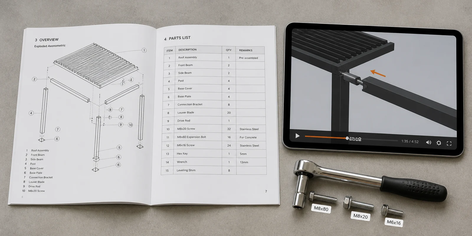 Printed installation manual with exploded assembly drawings alongside a tablet playing a 3D rendered installation video
