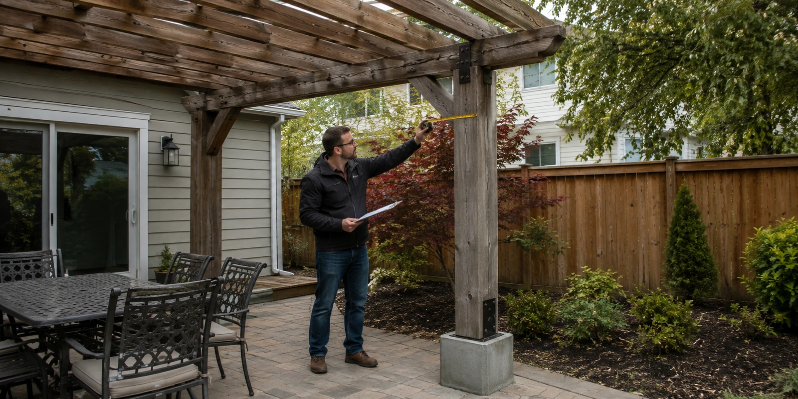Engineer inspecting an existing timber pergola before a roof retrofit