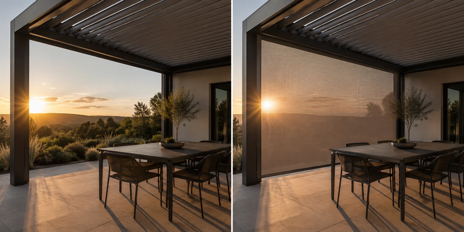 Low evening sun entering beneath a pergola roof with and without a vertical side screen