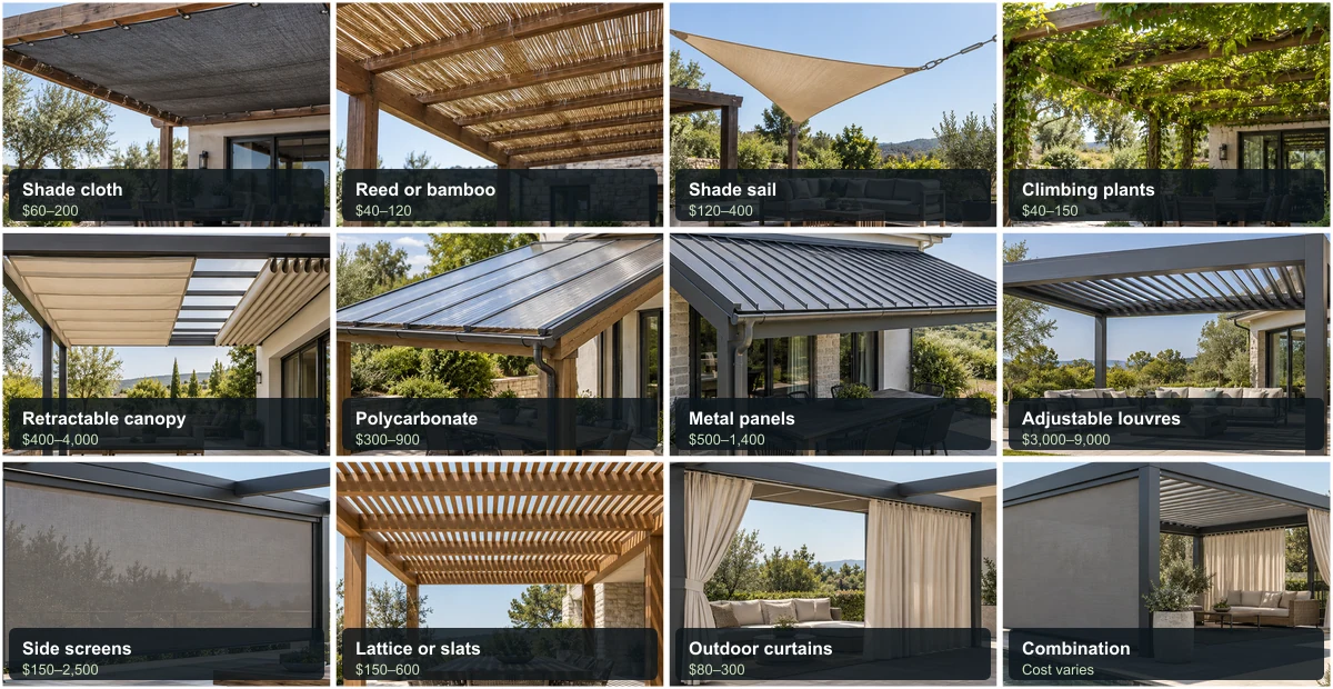 Twelve pergola cover ideas compared, from shade cloth to adjustable louvres