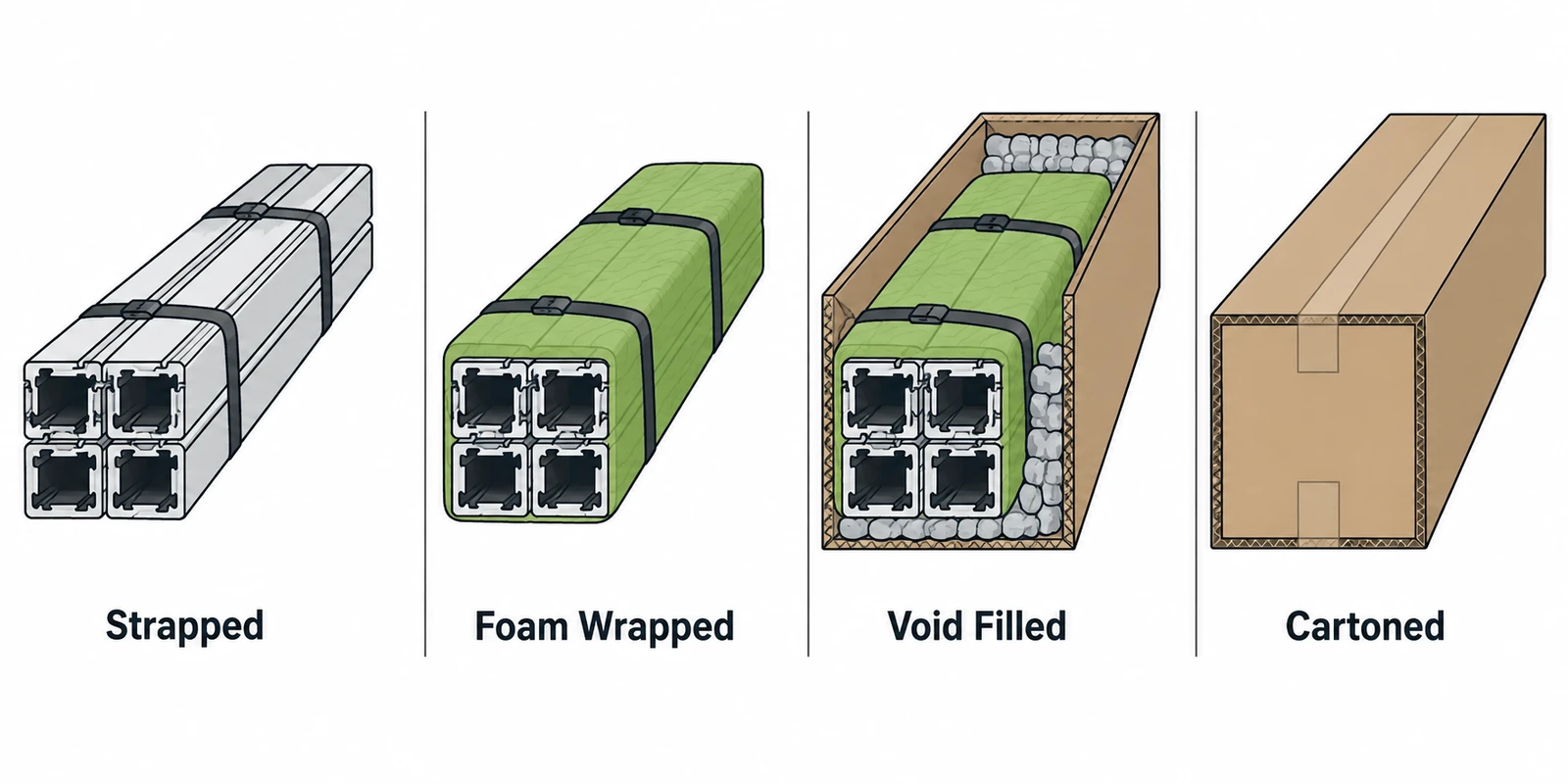 Diagram of four packing stages from strapped bundle through foam wrap and void fill to outer carton