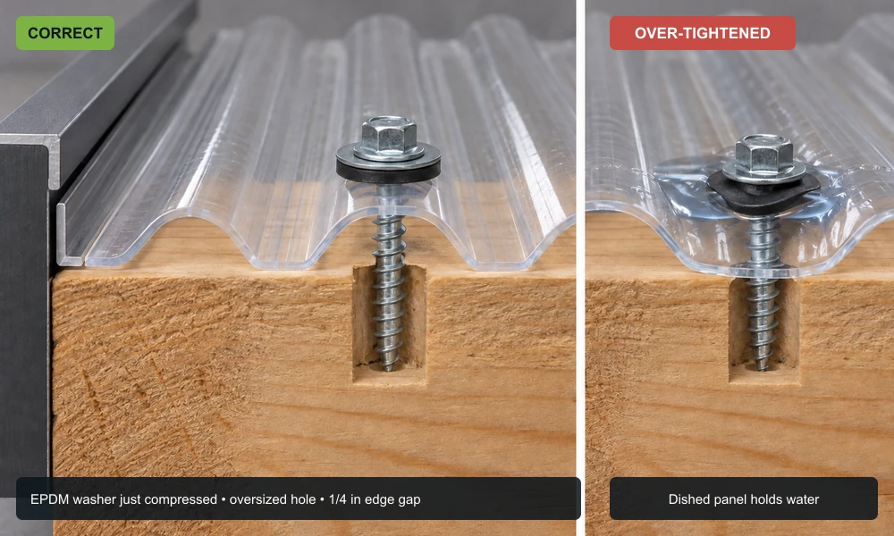 Pergola roof panel fixing detail, oversize hole, bonded washer and quarter inch expansion gap