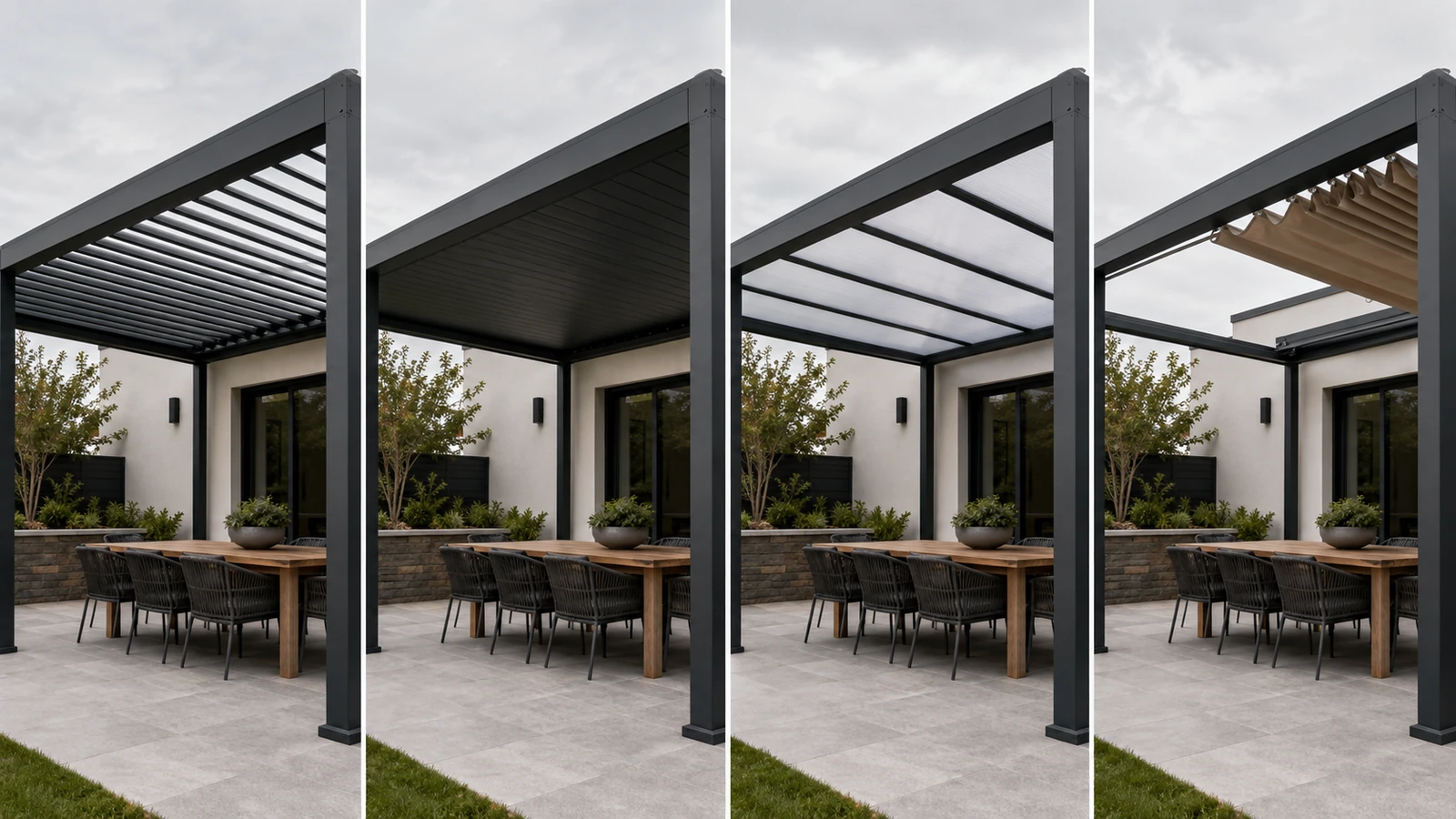 Louvered, solid panel, polycarbonate and retractable fabric roofs on the same pergola frame