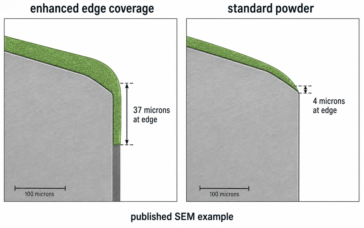 Powder coating edge thickness comparison showing 37 and 4 micron film build