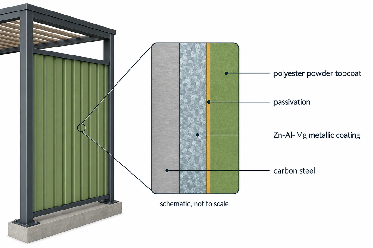 Steel wall with Zn-Al-Mg coating, passivation and polyester powder topcoat