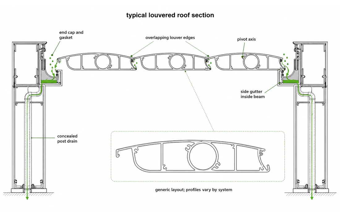Typical louvered pergola roof with hollow blades, side gutters and post drainage