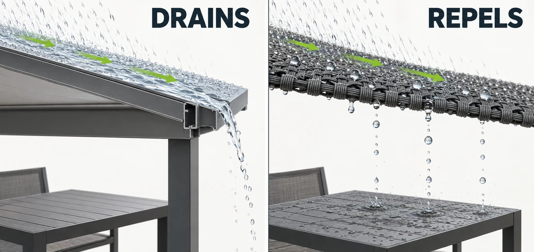 Waterproof pergola roof materials that drain compared with fabrics that only repel water