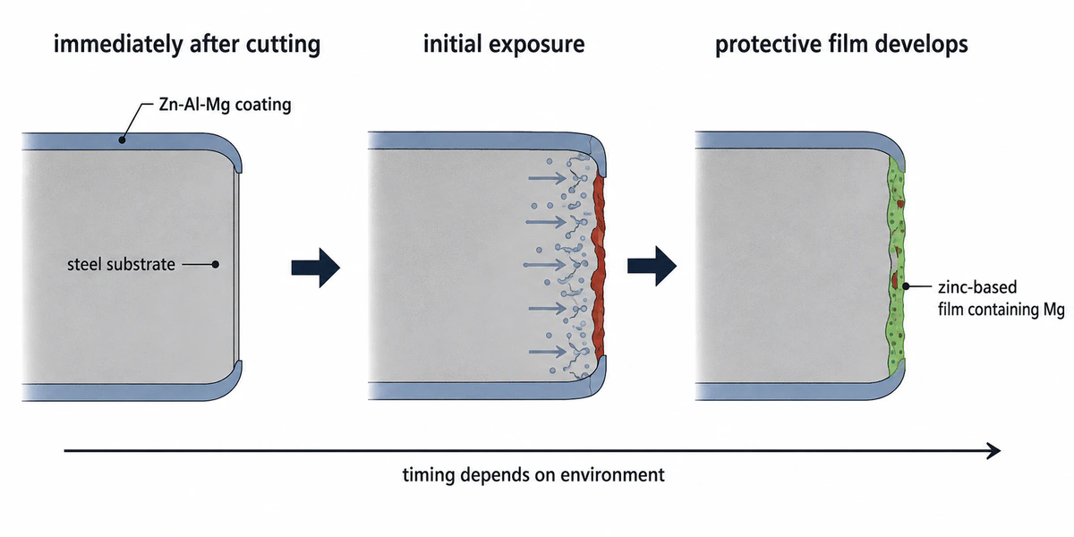 Zn-Al-Mg coating forming a protective film over an exposed steel cut edge